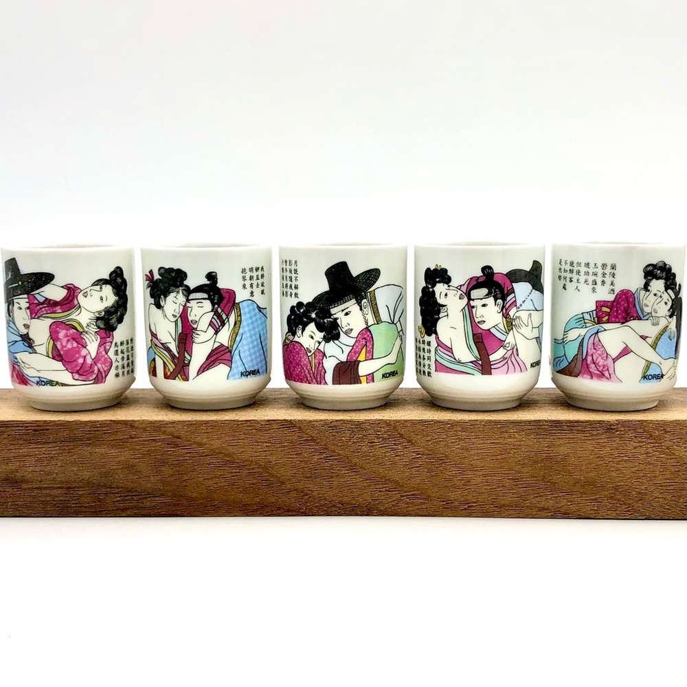 Vintage White Ceramic Sake Cups with Pink and Blue Erotic Prints